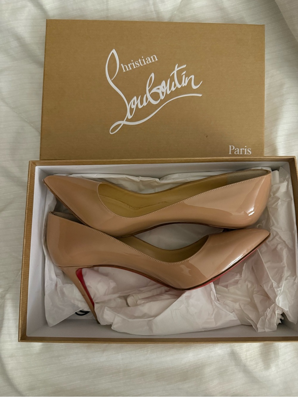 Christian Louboutin Nude Patent Leather Pointed-Toe Pumps with Red Soles
